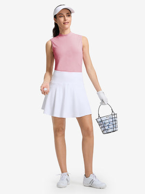 Front full body shot of model wearing lavender women's moisture-wicking mock neck sleeveless golf tops