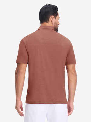 Back upper body view in red ochre heather of performance heather contrast collar polo shirts.