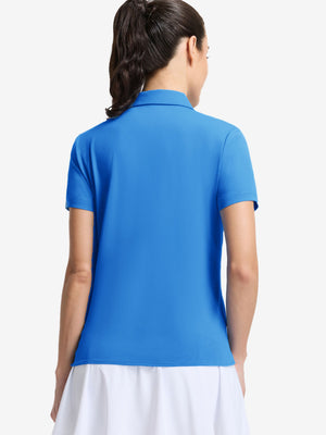 Back upper body shot of model wearing sky blue women's 5 buttons collared polo shirts