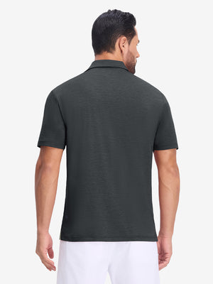 Back upper body view in black heather of performance heather contrast collar polo shirts.