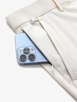 Beige Water Resistant Golf Shorts – pocket detail with iPhone, 9 Inch