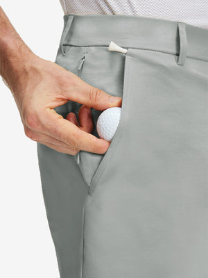 Detail view of front pocket on rose dust flat front flex cotton blend golf shorts
