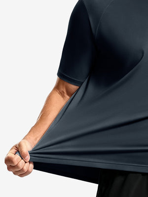 Side fabric stretch display in navy of men's short sleeve slim fit roma knit t-shirt.