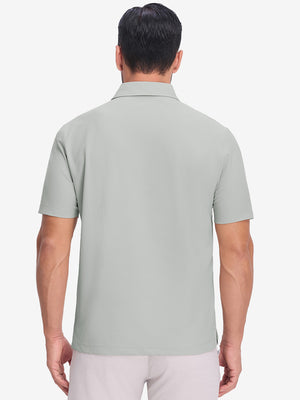 Back upper body shot of model wearing silver grey dry fit waffle textured collared golf shirts