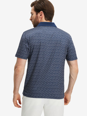 Back upper body shot of model wearing dark blue golf premium ribbed collar print polo shirts
