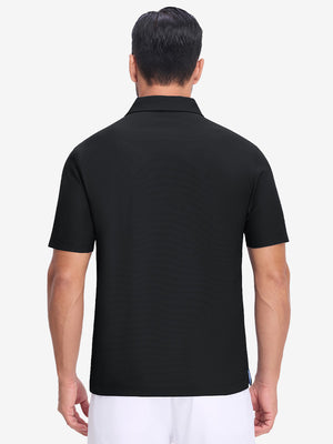 Back upper body shot of model wearing black dry fit waffle textured collared golf shirts