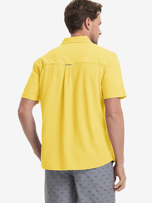 Model half-body back view wearing yellow cotton blend plain shirt.
