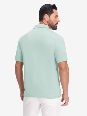 Back upper body view in light green heather of performance heather contrast collar polo shirts.