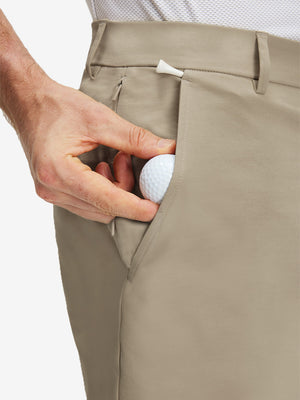 Detail view of front pocket on khaki grey flat front flex cotton blend golf shorts