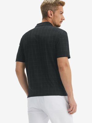 Back half body shot of model wearing rich black grid performance reflective checked collar golf shirt