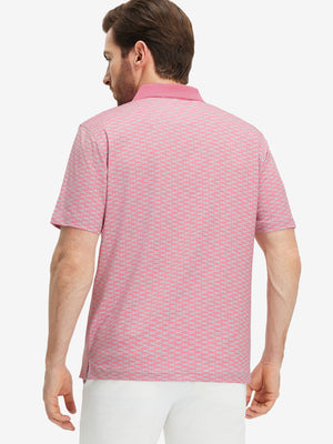 Back upper body shot of model wearing pink small fish premium ribbed collar print polo shirts