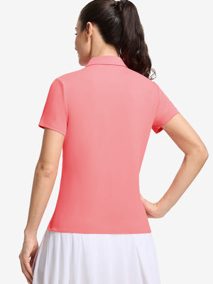 Back upper body shot of model wearing pink women's 5 buttons collared polo shirts