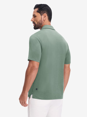 Back upper body view in celadon green heather of performance heather contrast collar polo shirts.