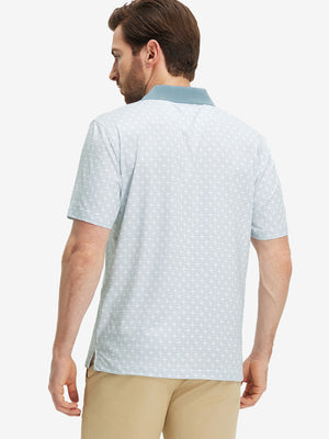 Back upper body shot of model wearing grey irregular shape premium ribbed collar print polo shirts