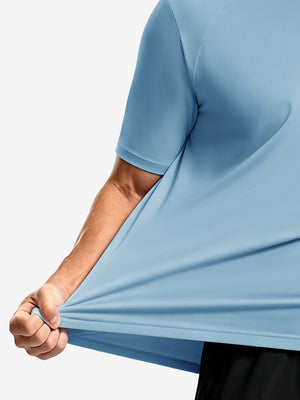 Side fabric stretch display in light blue of men's short sleeve slim fit roma knit t-shirt.
