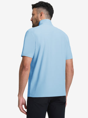 Back upper body shot of model wearing light blue waffle texture 1/4 zip pullover