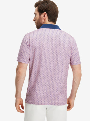 Back upper body shot of model wearing pink golf club premium ribbed collar print polo shirts