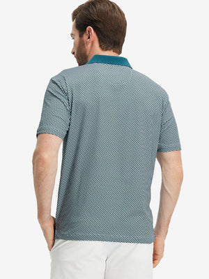 Back upper body shot of model wearing dark green oval premium ribbed collar print polo shirts