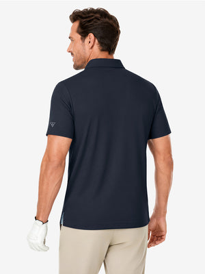 Back upper body view in navy of nylon blend casual jacquard polo shirts.