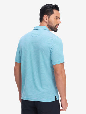 Back half body shot of model wearing blue white comfy breathable pin-stripe texture golf polos