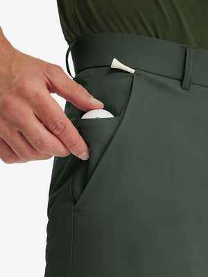 Close-up of side pocket on grey green stretch quick dry casual golf pants with 4 pockets