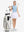 Front full body shot of model exercising in blue white women's q-zip pin striped texture golf shirts