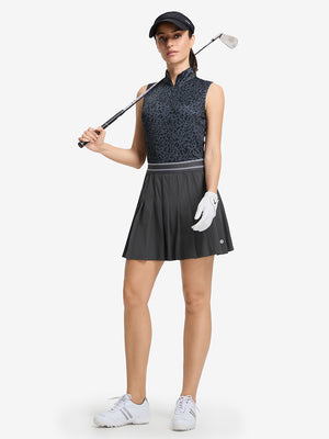Front full body shot of model exercising in black gray blocks women's sleeveless q-zip print quick dry golf tops