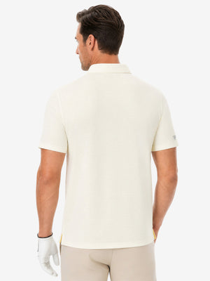 Back upper body view in beige of nylon blend casual jacquard polo shirts.