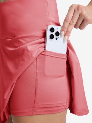 Detail view of inner pocket on pink women's high waisted golf skirts with 4 inner pockets
