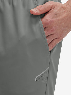 Side view of pocket on iron grey 4 way stretch breathable workout athletic shorts