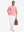 Front full body shot of model wearing pink coral white comfy breathable pin-stripe texture golf polos