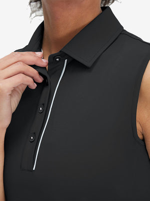 Detail view of cuff on black women's 4 buttons golf polo shirts