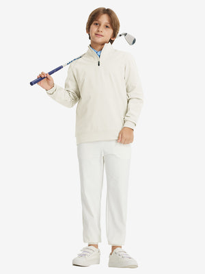 Youth Winter Micro-fleece Quarter Zip Pullover in beige, model carrying golf clubs on shoulder