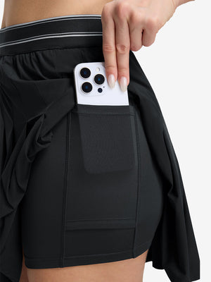 Detail view of inner pocket on black women's moisture-wicking athletic tennis skirts