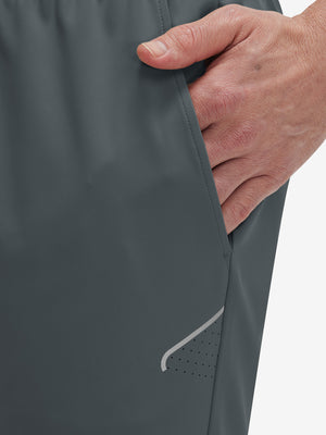 Side view of pocket on dark grey 4 way stretch breathable workout athletic shorts