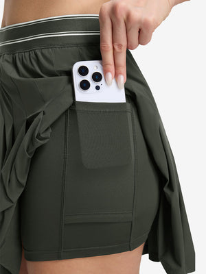 Detail view of inner pocket on army green women's moisture-wicking athletic tennis skirts