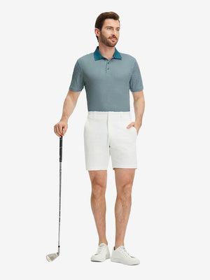 Front full body shot of model exercising in dark green oval premium ribbed collar print polo shirts