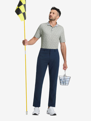 Front full body shot of model exercising in grey golf car premium ribbed collar print polo shirts