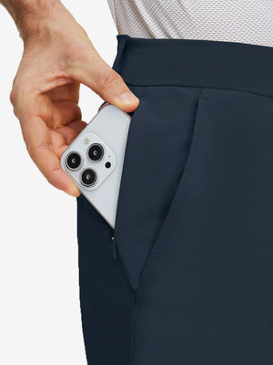Detail view of inner front pocket on navy  flat front flex cotton blend golf shorts