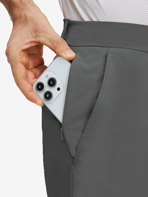 Detail view of inner front pocket on dark grey flat front flex cotton blend golf shorts