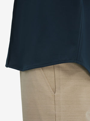 Detail view of hem on navy cool print plain button up shirts