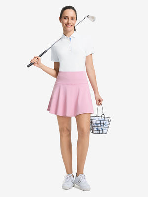 Front full body shot of model exercising in white women's 5 buttons collared polo shirts