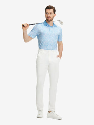 Front full body shot of model exercising in blue antichoke premium ribbed collar print polo shirts