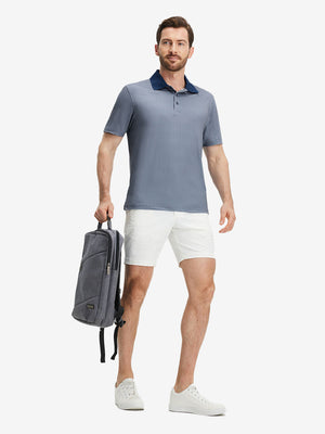 Front full body shot of model exercising in dark blue diamond premium ribbed collar print polo shirts