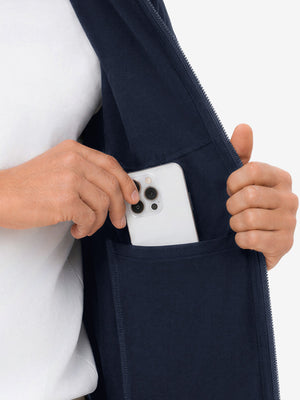 Close-up of inner pocket structure of garment, lightweight upf50+ short sleeve golf vests jacket in navy