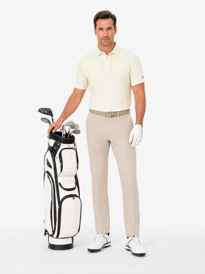 Front full body with golf club in beige of nylon blend casual jacquard polo shirts.