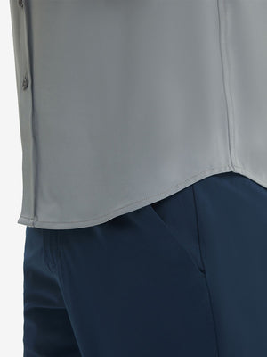 Detail view of hem on grey cool print plain button up shirts