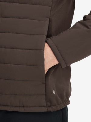 Detail view of outer pocket on coffee brown warm puffer winter golf jacket
