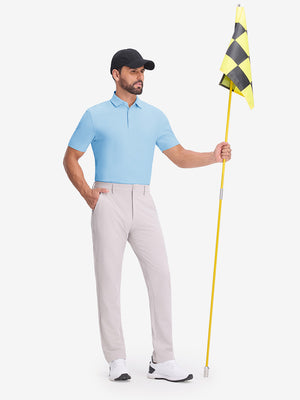 Front full body shot of model wearing light blue dry fit waffle textured collared golf shirts