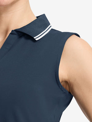Detail view of armhole on navy women's collared v neck quick dry tank tops